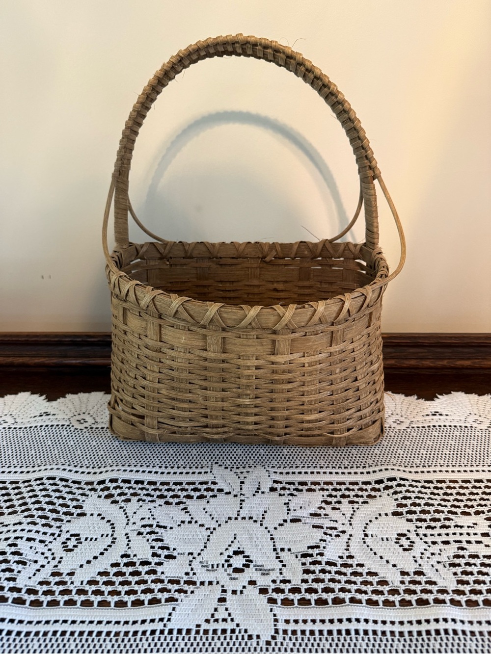 Vintage Hand Crafted Natural Tan Woven Basket with Handle Rustic